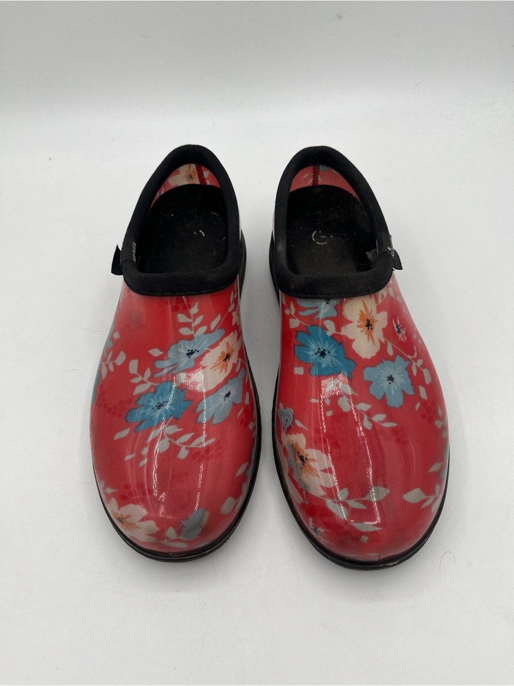 Sloggers Red Floral Slip-On Clogs with Blue and Cream Flowers